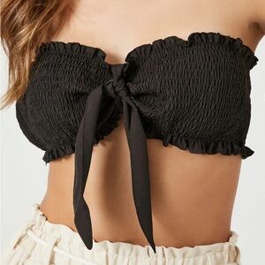 Forever 21 Smocked Tie-Front Black Crop Top Size Medium NEW